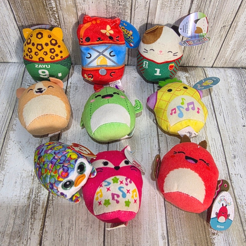9pc Mini Plush Lot Squishmallows Cats vs Pickles Ty Beanie Boo Mirren Fifi Maui